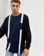 Asos Design Oversized Long Sleeve T-shirt With Pocket And Vertical Color Block In Black