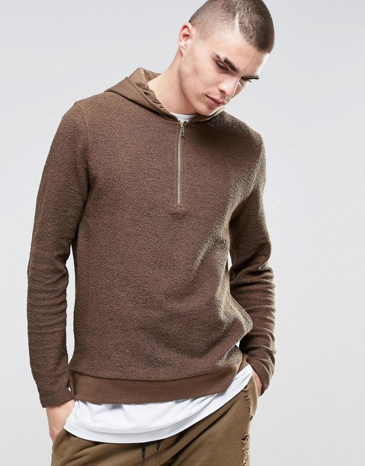 Asos Hoodie In Reverse Loopback With Half Zip - Saddle Brown