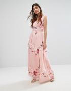 Little Mistress Plunge Front Maxi Dress In Floral Print - Multi