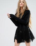 Moon River Long Fray Sweater Top - Black