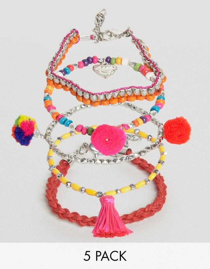 Asos Pack Of 5 Festival Pom Friendship Bracelets - Multi