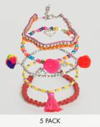 Asos Pack Of 5 Festival Pom Friendship Bracelets - Multi
