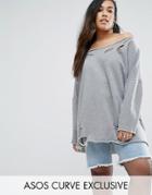 Asos Curve Off Shoulder Sweatshirt With Nibble Detail - Gray