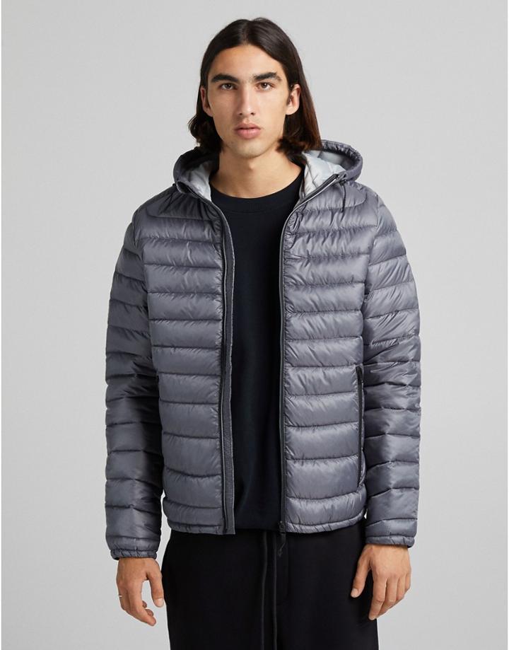 Bershka Quilted Hooded Jacket In Gray-grey