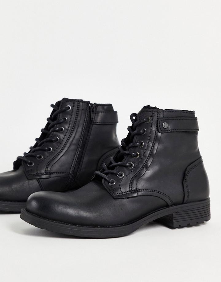 Jack & Jones Lace-up Tall Boots With Strap Detail In Black Leather