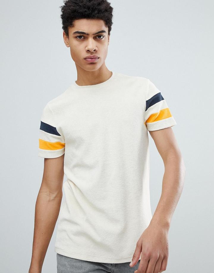 Asos Design T-shirt In Towelling With Contrast Sleeve Panels In Ecru - White