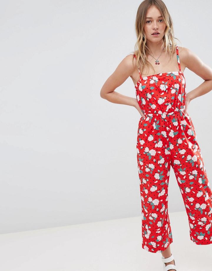 Monki Floral Polka Dot Strappy Jumpsuit - Red
