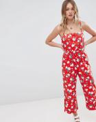 Monki Floral Polka Dot Strappy Jumpsuit - Red