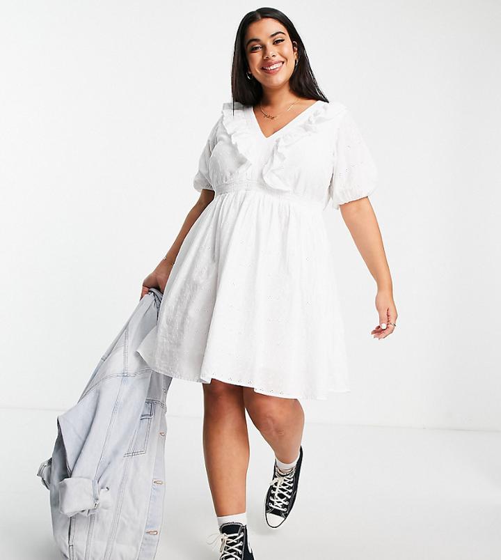 Simply Be Broderie Skater Dress With Frill Detail In White