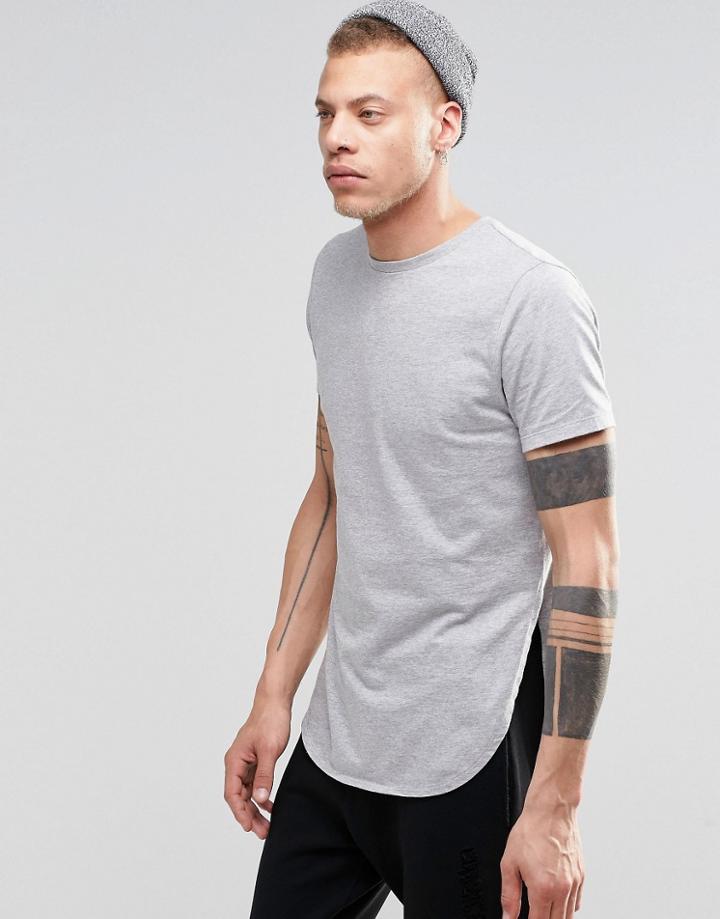 Asos Super Longline T-shirt With Side Splits And Curved Hem In Grey - Gray Marl