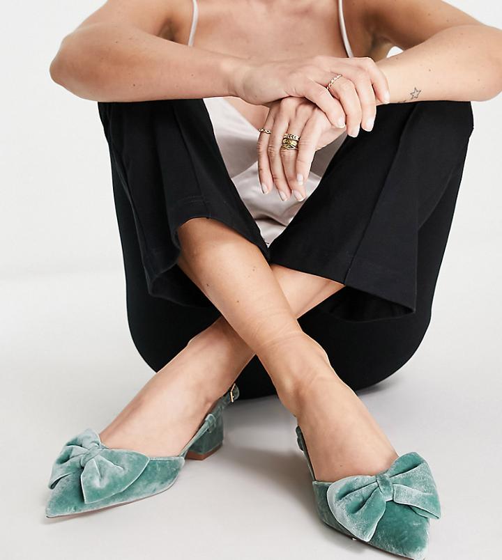 Asos Design Wide Fit Suzy Bow Slingback Mid Heeled Shoes In Green Velvet