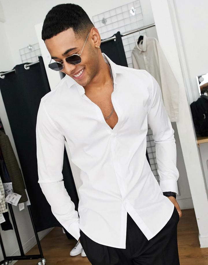 Asos Design Skinny Shirt With Cutaway Collar In White Herringbone