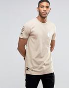 Asos Super Longline T-shirt With Blazing Wheel Print And Step Hem And Distressing - Beige