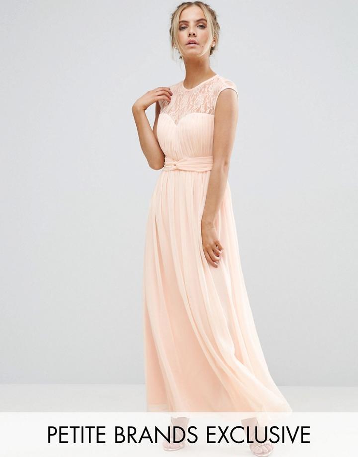 Little Mistress Petite Pleated Wrapover Maxi Dress With Lace Trim - Beige