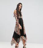 Frock And Frill Tall Floral Printed Velvet Hanky Hem Dress With Cold Shoulder - Multi