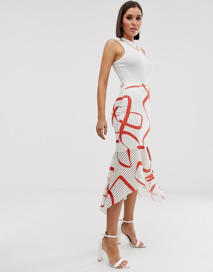 Asos Design Abstract Print Midi Pencil Skirt With Fishtail Hem-multi