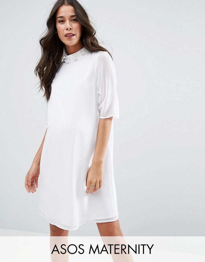 Asos Maternity Short Sleeve Embellished Trim High Neck Dress - White
