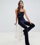 Flounce London Tall Velvet Bandeau Jumpsuit In Cobalt Stripe - Black