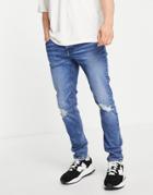Asos Design Organic Cotton Blend Skinny Jeans In Dark Wash Blue With Knee Rips-blues