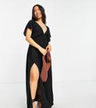Asos Design Petite Recycled Flutter Sleeve Maxi Beach Dress In Black