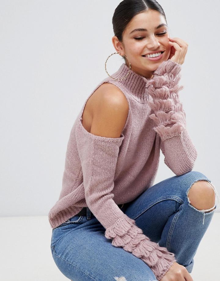 Missguided Cold Shoulder Shaggy Sleeve Sweater - Pink