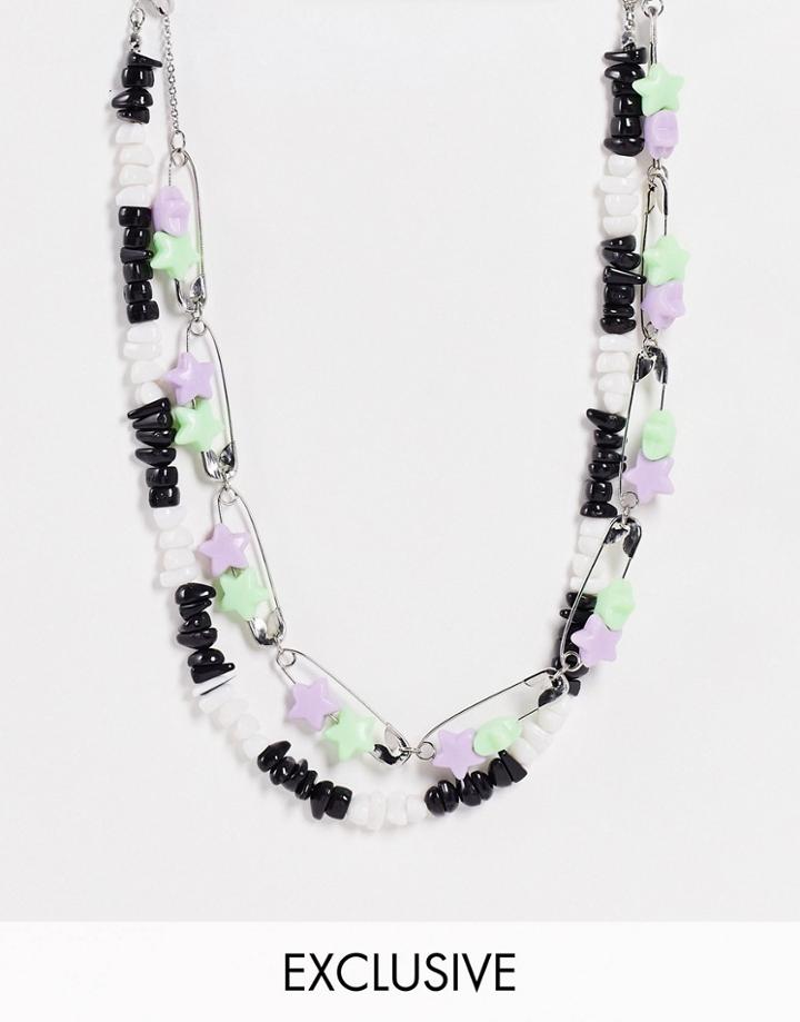 Reclaimed Vintage Inspired 2-pack Unisex Necklaces With Safety Pins And Bead Chips-multi