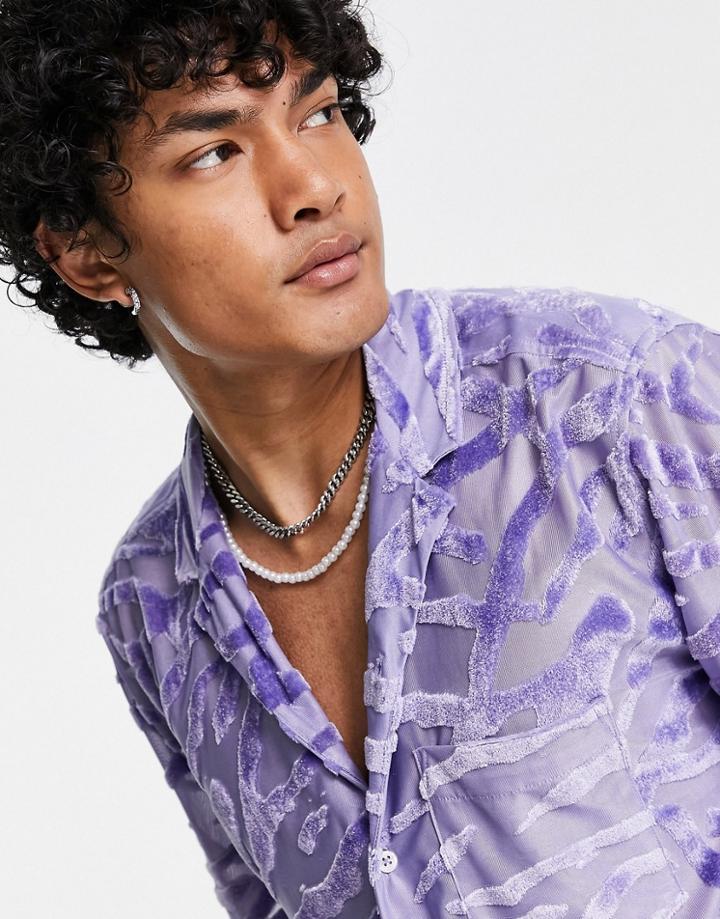 Asos Design Relaxed Revere Shirt In Purple Animal Skin Velvet Burnout