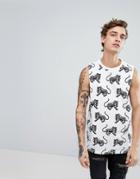 Asos Sleeveless T-shirt With Dropped Armhole And All Over Tiger Print - White