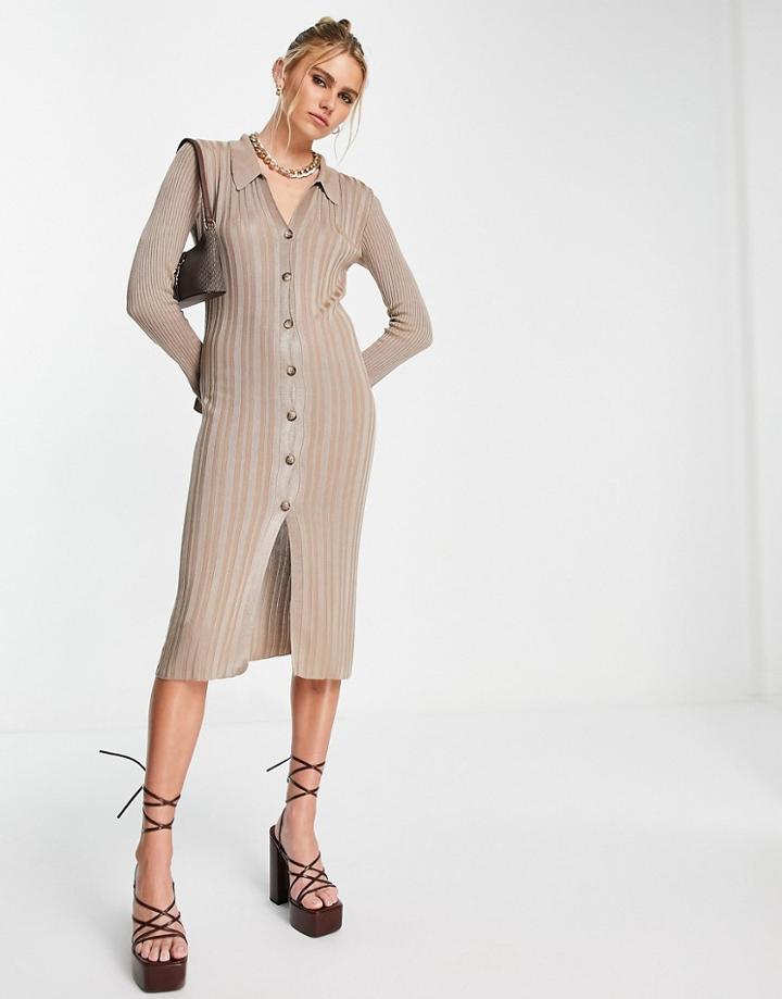 River Island Button Through Polo Knit Midi Dress In Light Brown