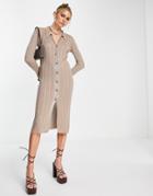River Island Button Through Polo Knit Midi Dress In Light Brown