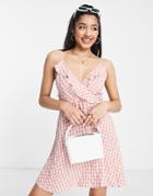 Qed London Frill Wrap Cami Mini Dress In Pink Gingham Print