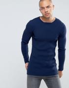 Asos Longline Muscle Fit Ribbed Sweater In Navy - Navy