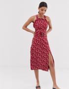 Fashion Union Curved Neckline Midi Dress With Waist Belt In Floral - Red