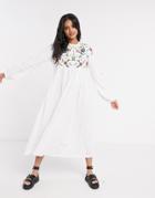 Asos Design Embroidered Smock Midi Dress With Lace Up Back In White