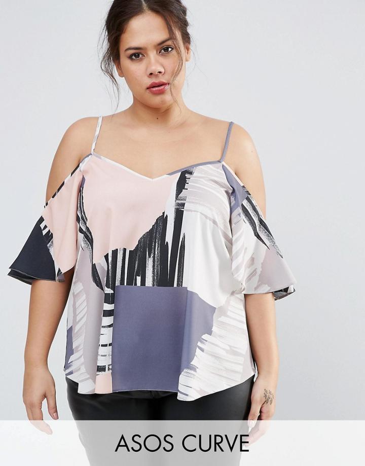 Asos Curve Cold Shoulder Cami In Abstract Print - Multi