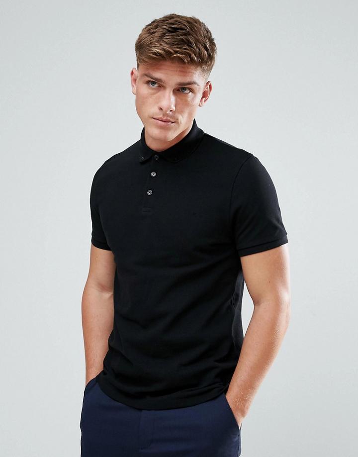 Asos Pique Polo With Button Down Collar In Black - Black