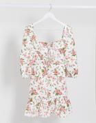 Rare London Milkmaid Lace Up Floral Dress In Multi