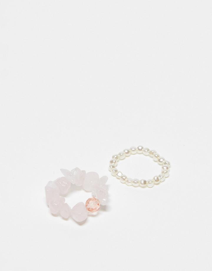 Pieces 2 Pack Stone & Pearl Rings In White-multi