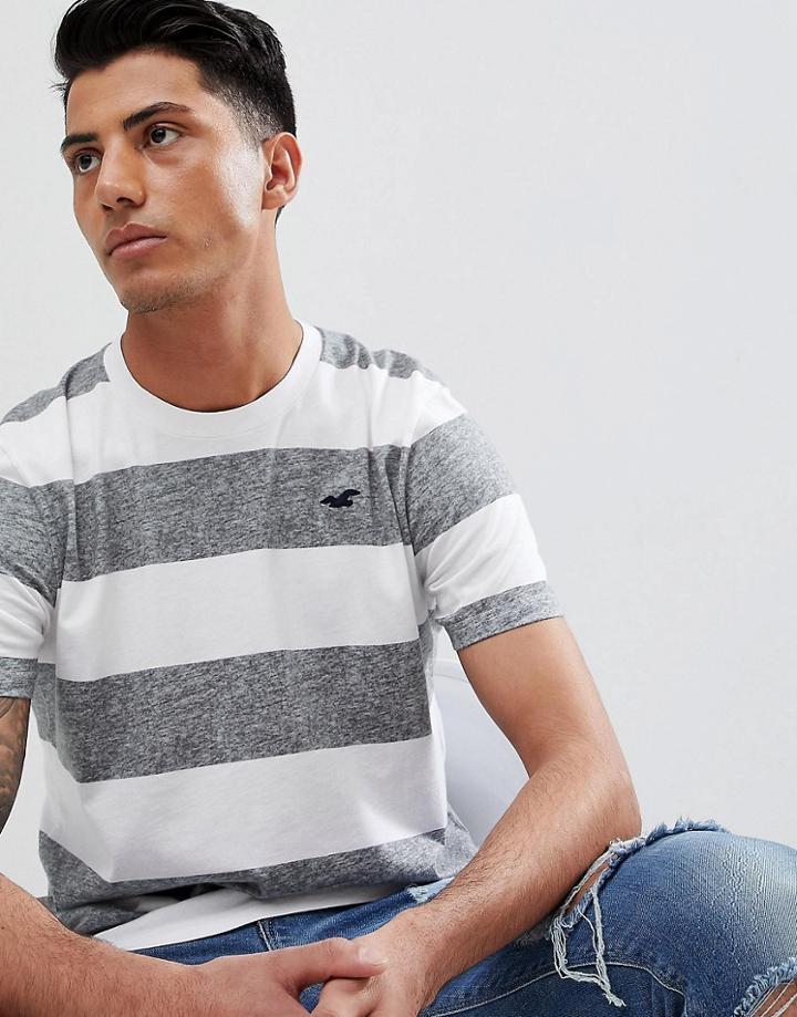 Hollister Longline Block Stripe Crew Neck T-shirt Seagull Logo In Gray/white - Gray