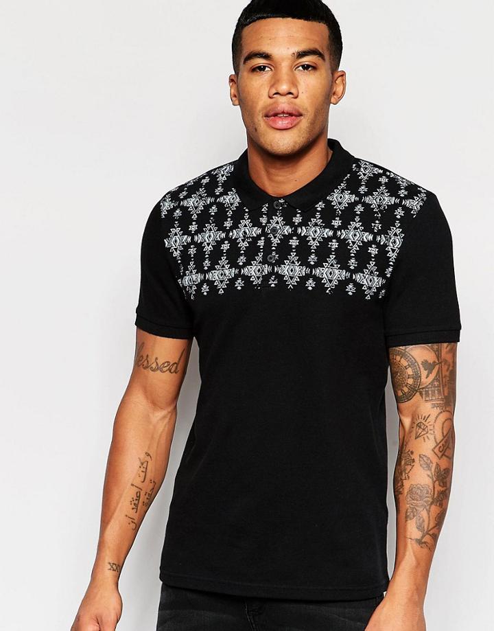 Asos Muscle Pique Polo With Geo-tribal Yoke In Black - Black