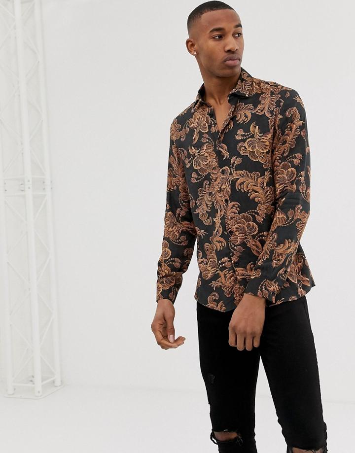 River Island Slim Fit Shirt With Baroque Print In Black