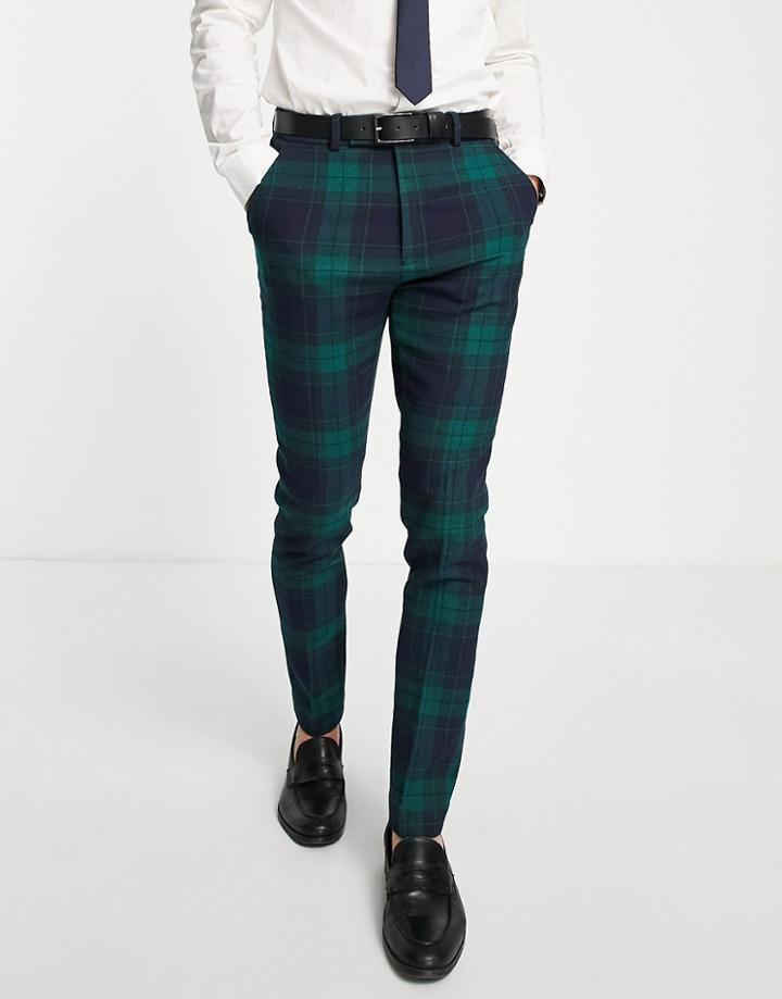 Asos Design Wedding Skinny Wool Mix Suit Pants In Navy Tartan