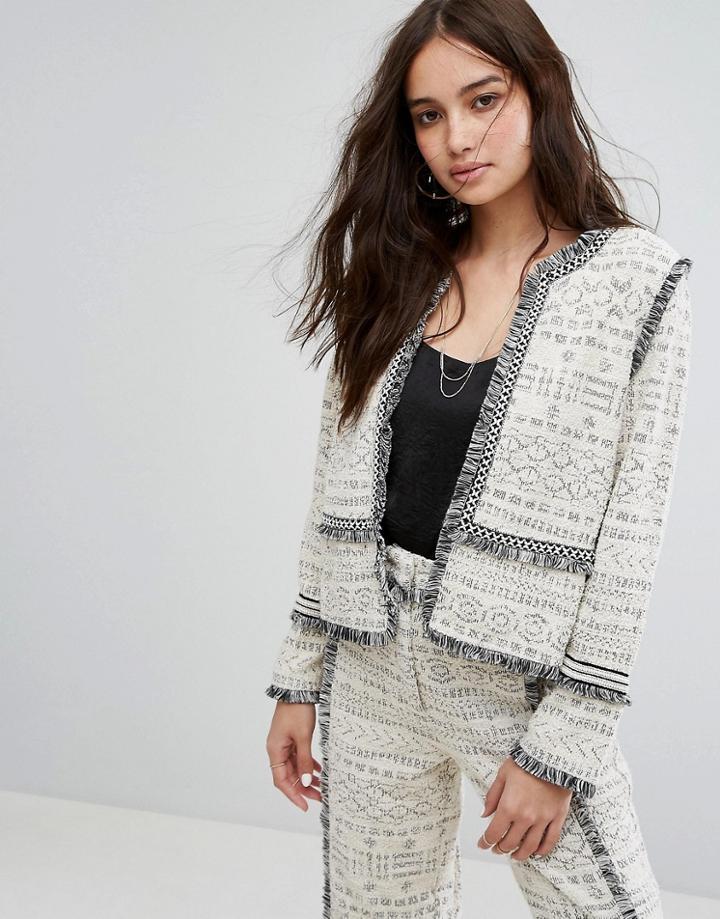Moon River Boucle Frayed Jacket - White