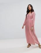 Lunik Shoulder Cut Out Maxi Dress With Button Hold Trim - Pink