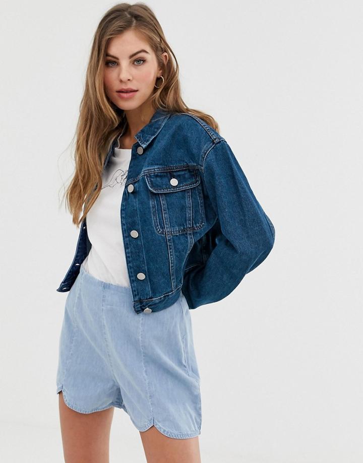 Asos Design Cropped Denim Jacket In Darkwash Blue - Blue