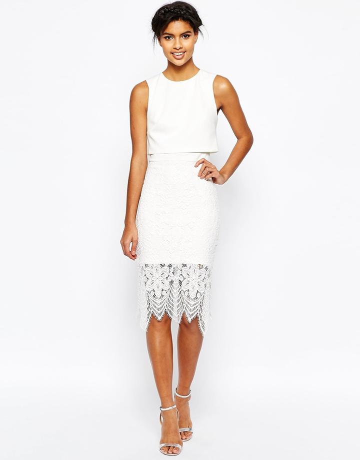 Asos Scuba Crop Top Lace Midi Pencil Dress - Ivory