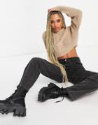 Missguided Cropped Cable Knit Sweater In Camel-brown