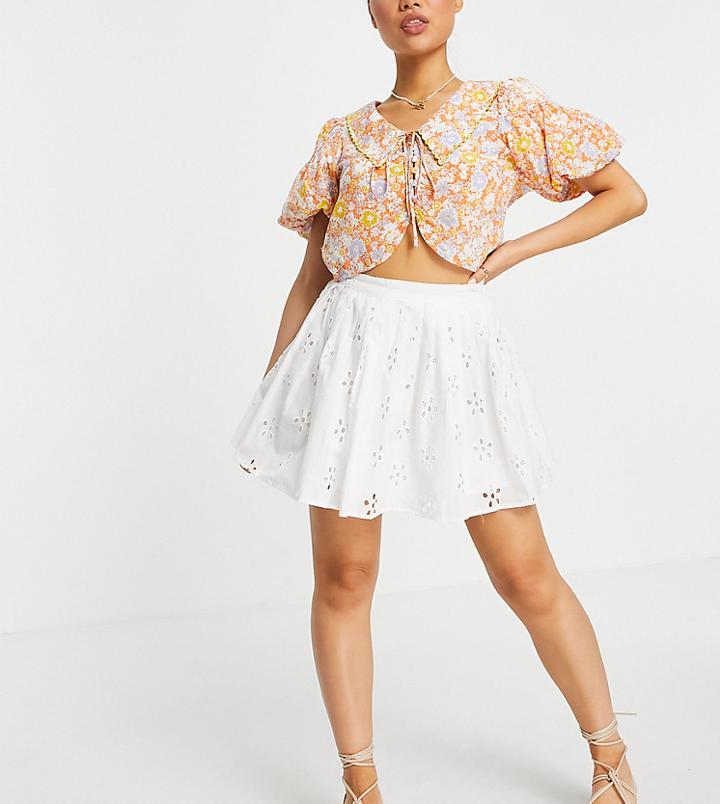 Asos Design Petite Mini Pleated Tennis Skirt In Broderie In White