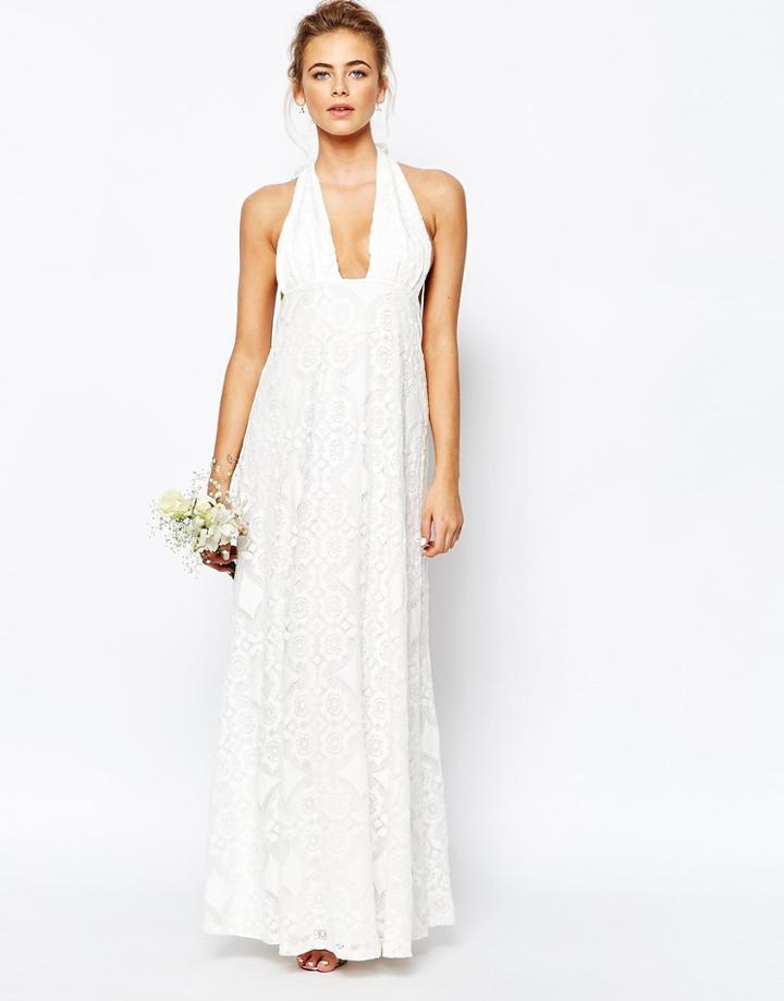 True Decadence Cutwork Lace Halterneck Full Prom Maxi Dress - White