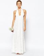 True Decadence Cutwork Lace Halterneck Full Prom Maxi Dress - White